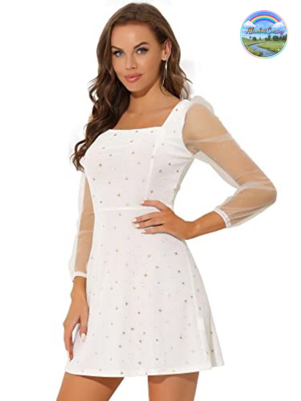 Glitter Star Metallic Velvet Mini Dress Square Neck Puff Sleeve Party